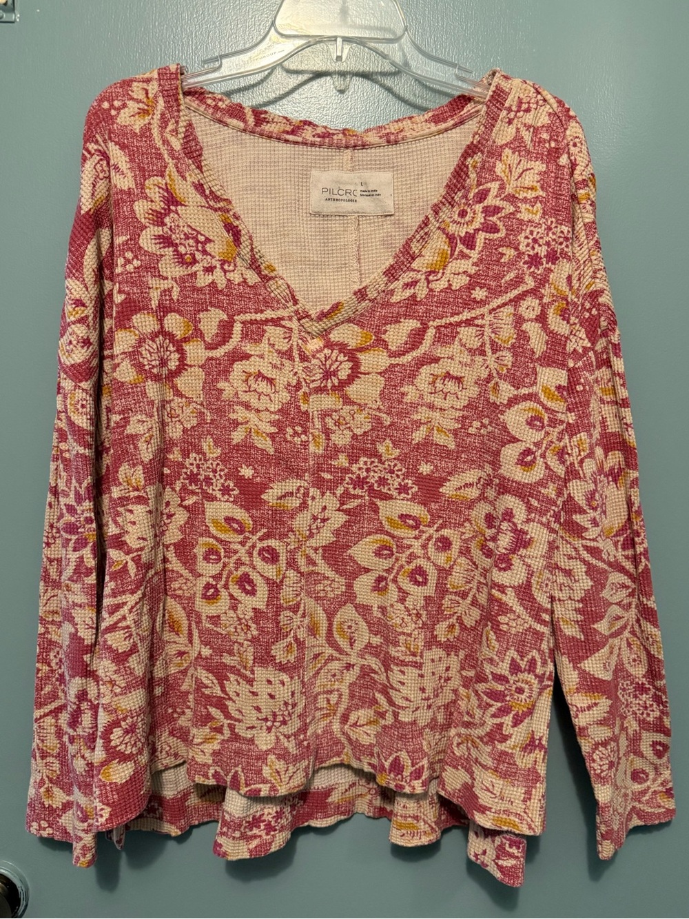 Anthropologie Pink Floral Long Sleeve Waffle Knit Top